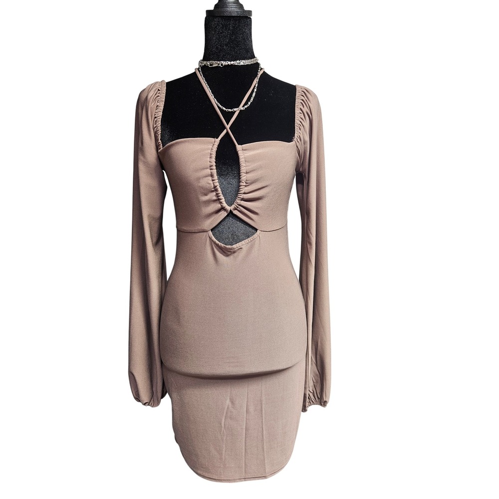 Better Be Women Taupe Front Cutout Halter Long Sleeve Mini Bodycon Dress Size M